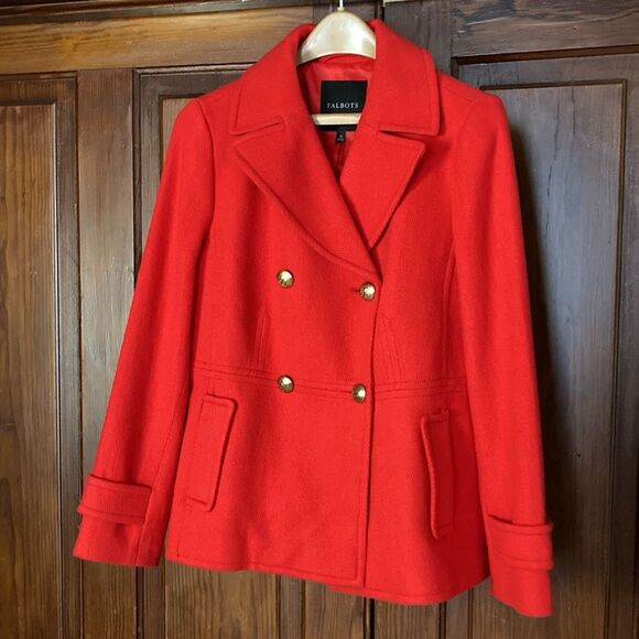 Talbots Vivid Red Double Breasted Wool Blend Gold Button Pockets Peacoat Size 10 - Picture 1 of 11